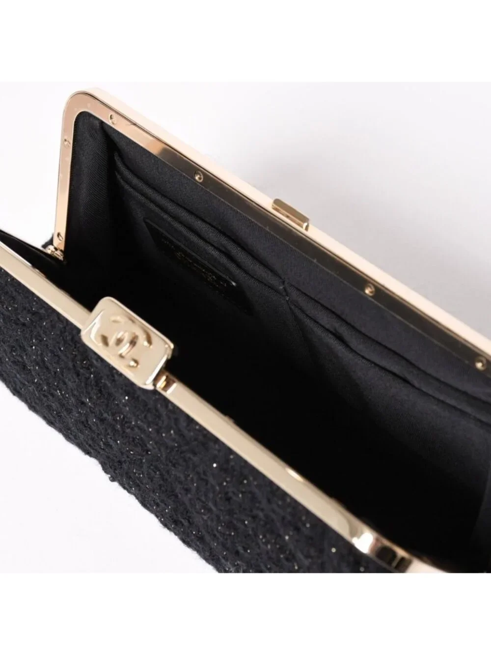 Chanel Clutch Pouch CC Logo Tweed Kiss Lock Black Gold